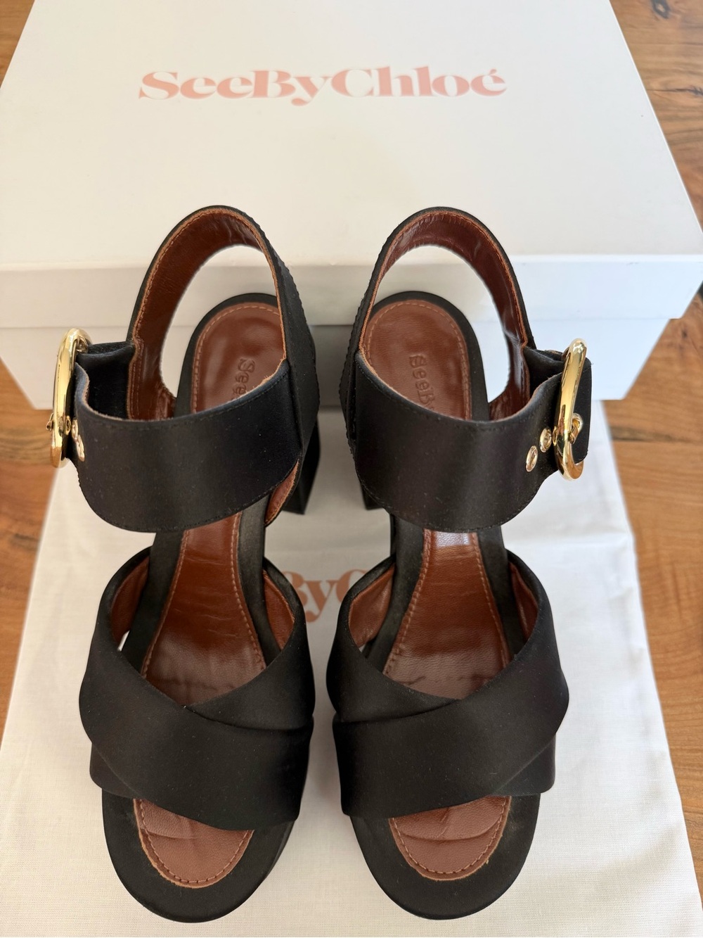 $405.81 See By Chloé Black Satin 110mm platform sandals size 38 - Picture 7 of 10